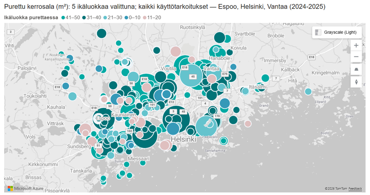 Kartta%2C%20joka%20n%E4ytt%E4%E4%20ennenaikaisesti%20puretut%20rakennukset%20Espoossa%2C%20Helsingiss%E4%20ja%20Vantaalla%20vuosina%202024%u20132025.%20Eri%20kokoiset%20ympyr%E4t%20kuvaavat%20purettuja%20kerrosaloja.