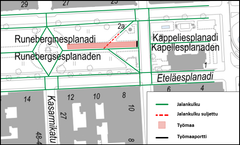 10.8. alkaen siirretään Esplanadinpuiston kaukolämpölinjaa ja puiston keskikäytävällä on käytössä tilapäiset jalankulkureitit.
