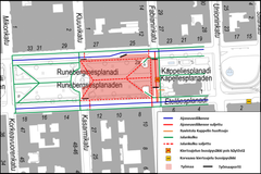 Punaisella merkittynä aidattu työmaa-alue 24.8. alkaen. Kioskit ovat toiminnassa vielä elokuun loppuun asti.