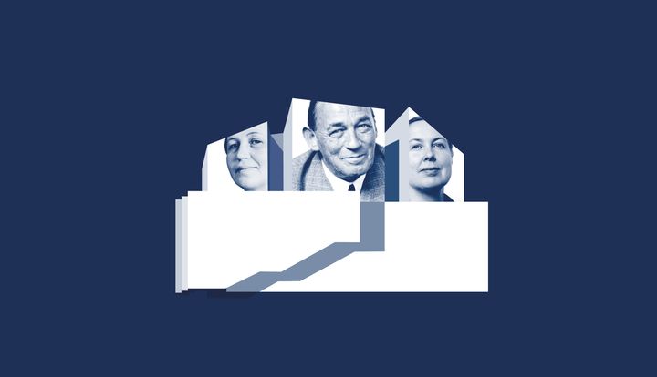Kuvassa on graafinen versio Finlandia-talosta, jossa on kuvat Alvar, Aino ja Elissa Aallosta.