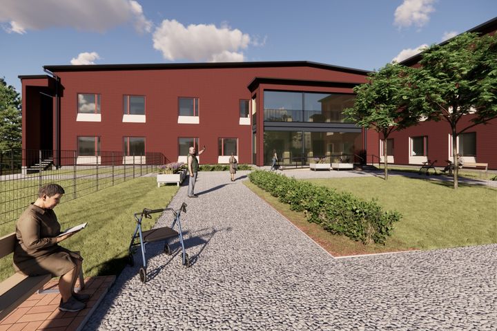 Tietokoneella tuotettu havainnekuva kaksikerroksisesta punaisesta rakennuksesta kesäsäällä. Kuvan edustalla ihminen istumassa sekä polkupyörä.