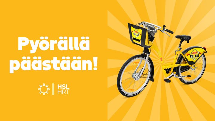 pyörällä päästään ja kuva keltaisesta espoon ja helsingin kaupunkipyörästä