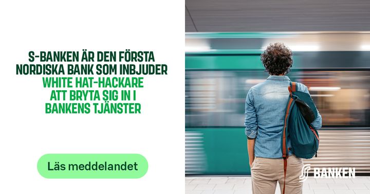 En person står på en tågperrong, och text på bilden inbjuder white hat-hackare att testa bankens säkerhetstjänster.
