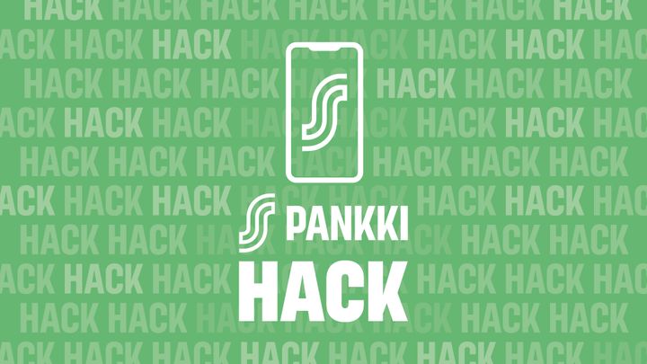 Vihreä tausta, jossa toistuu sana "HACK" vaalealla tekstillä. Keskellä on logo ja alapuolella teksti "S-PANKKI HACK".