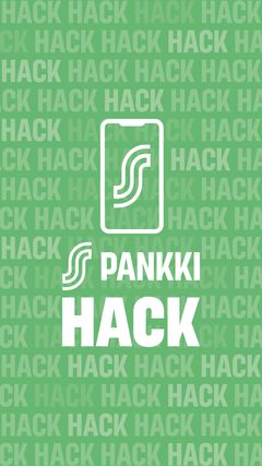 Vihreä tausta, jossa toistuu sana "HACK". Keskellä valkoinen pankkilogotyyppi ja teksti "S-PANKKI HACK".