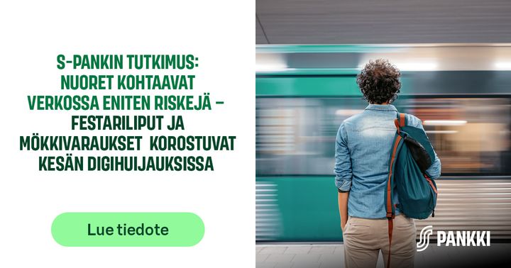 Nuori odottaa metroa; tekstissä kerrotaan S-Pankin tutkimuksesta, jossa nuoret kohtaavat eniten riskejä verkossa, erityisesti festarilippujen ja mökkivarausten digihuijauksista.