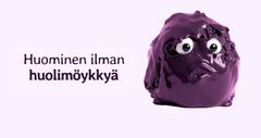 Kuvassa teksti Huominen ilman huolimöykkyä ja kuva lilasta möykystä, jolla on surulliset silmät.