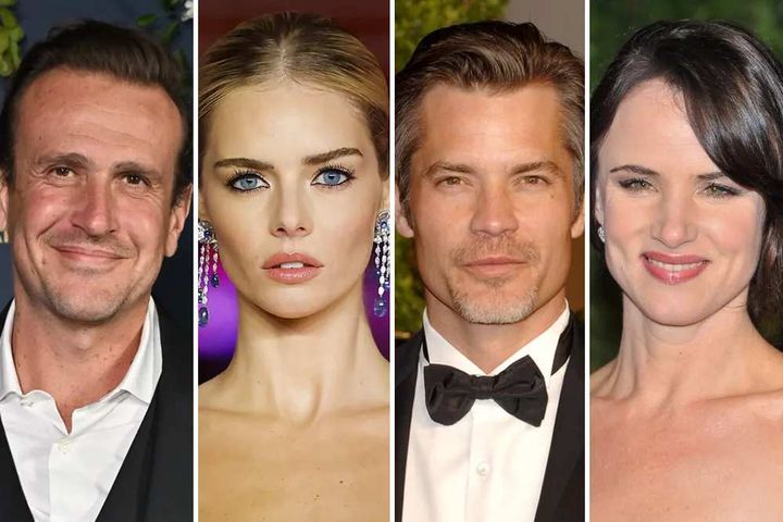 Kasvokuvat elokuvatähdistä Jason Segel (vas.), Samara Weaving, Timothy Olyphant ja Juliette Lewis.