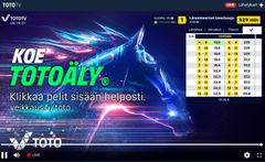 Mainos Toto-vedonlyönnistä, jossa korostetaan tekoälyn käyttöä. Näytöllä hevosen kuva ja vedonlyöntitaulukko.