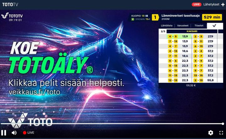 Mainos Toto-vedonlyönnistä, jossa korostetaan tekoälyn käyttöä. Näytöllä hevosen kuva ja vedonlyöntitaulukko.