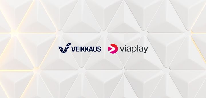 Veikkaus and Viaplay logos side by side on a white 3D triangular pattern background.