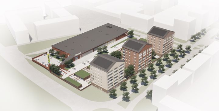 TA:n vuokrakerrostalo kuvassa etualalla. Kuva: LUO arkkitehdit Oy