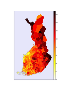 Suomen kartassa kuntien tytöttömyysaste eri väreillä kuvattuna.