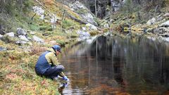 Henkilö, joka suodattaa vesinäytettä järven rannalla metsäisessä ympäristössä.