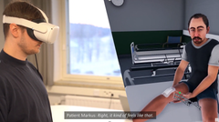 Mies käyttää VR-laseja, ja ruudulla näkyy virtuaalihahmo sairaalassa.