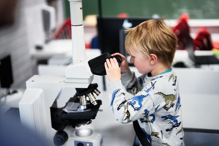Pieni poika katsoo mikroskooppiin luokkahuoneessa.