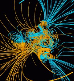 NASA:n luoma simulaatio kuvaa maapallon monimutkaista magneettikenttää, jossa nähtävissä magneettikenttäviivoja erivärisinä kaarina.