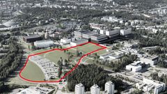 Muokattu viistoilmakuva kilpailualueesta. Yliopistokampus suunnitellaan Oulun yliopistollisen sairaala-alueen eteläpuolelle. Koillisesta kuvattuun ilmakuvaan kilpailualue on merkitty punaisella viivalla. Kuvassa on esitetty uusi sairaalakokonaisuus, ja kuvasta on poistettu olemassa olevat, purettavat sairaalarakennukset.