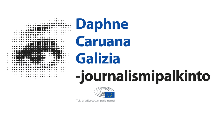 Kuvassa lukee Daphne Caruana Galizia -journalismipalkinto ja siinä on palkinnon logo