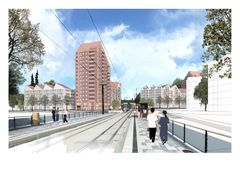 Näkymä Pitäjämäentien raitiotiepysäkiltä Kaksi tornia -suunnitelmassa.