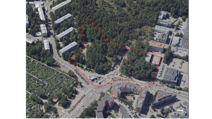 Suunnittelualue merkitty ilmakuvaan.