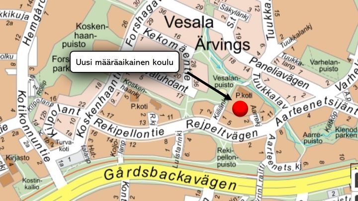 Karttakuva väistötilojen sijoituspaikasta.