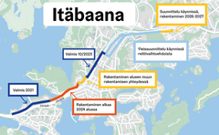 Itäbaanan eri osiot kartalla.