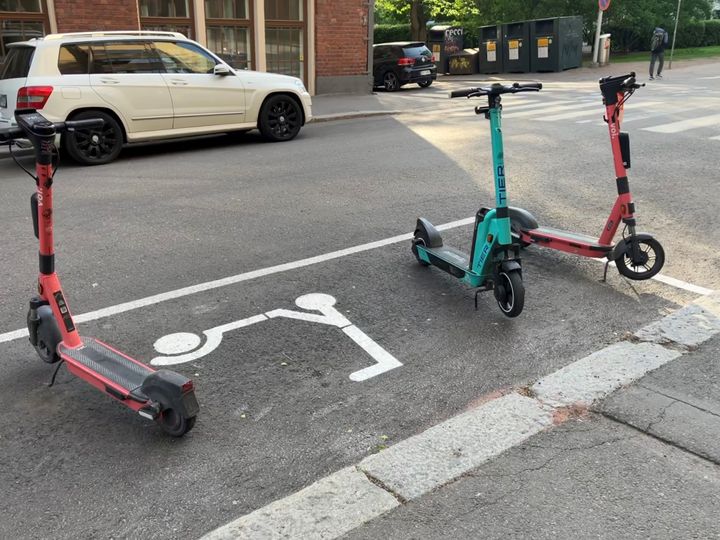 E-scooter parking space in Punavuori, Helsinki, in spring 2023.