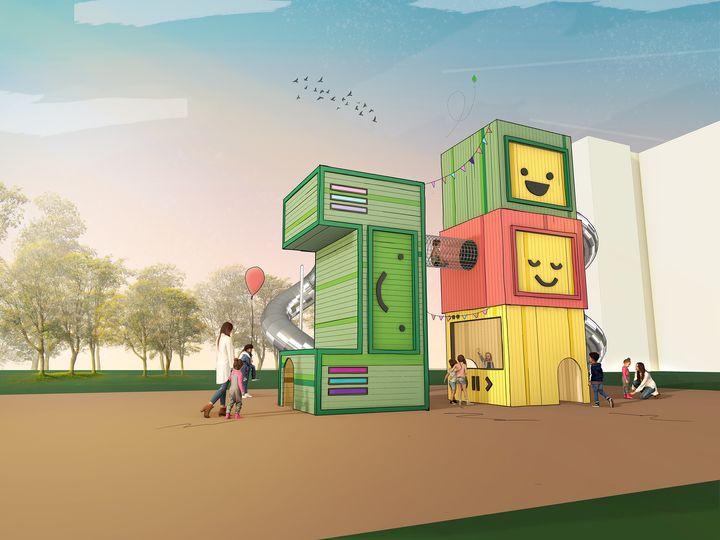 Illustration of the upcoming main play equipment in the playground, which depicts a computer processor.