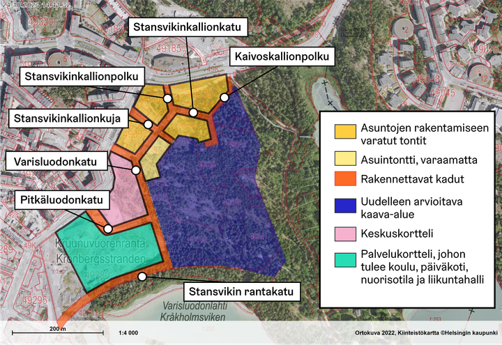 Kartta alueesta. Karttaan merkitty rakennettavat kadut, tontit ja uudelleen arvioitava kaava-alue.