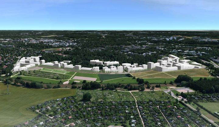 Uudisrakennukset sijoitettuina ilmakuvaan.