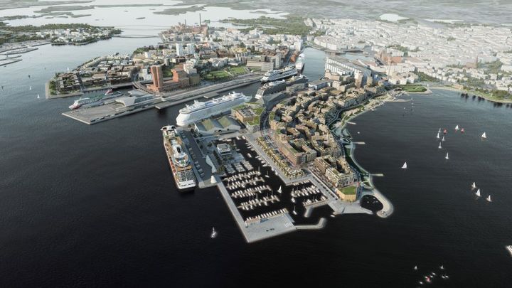 Tiiviisti rakennettua kaupunkia Hernesaaren havainnekuvassa.