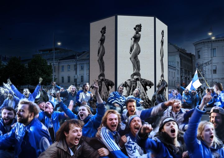 Havainnekuva levysuojasta, johon painettu Havis Amandan kuva. Suojan ympärillä juhlivia ihmisiä.