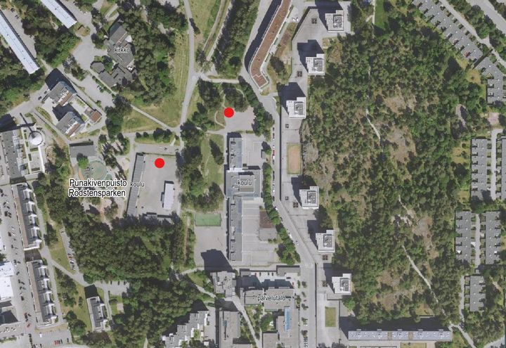 Ilmakuvassa uusien paviljonkien alustava sijainti ja lähiympäristöä