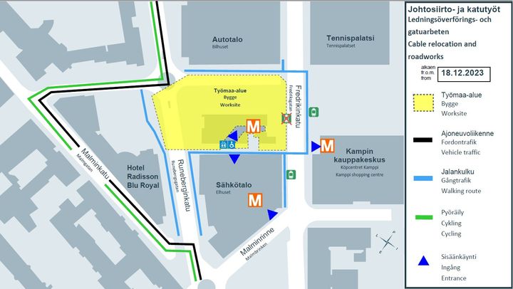 Karttakuva, jossa esirakentamisen työmaa-alue ja poikkeusreitit