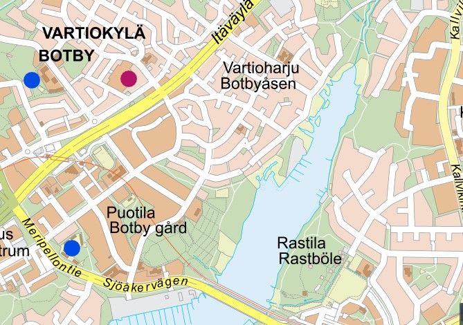 Koulun ja päiväkodin tilat kartalla.