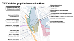 Karta över aktuella stadsplaneringprojekt runt Tölöviken.
