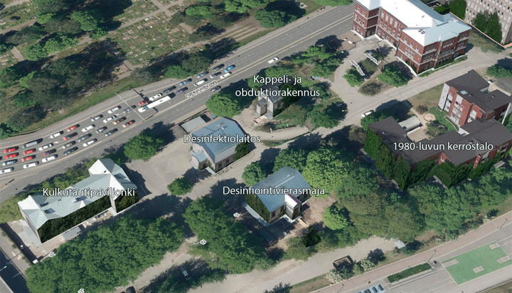 Ilmakuva Marian alueen eteläpäässä sijaitsevista purettavista ja siirrettävistä rakennuksista.