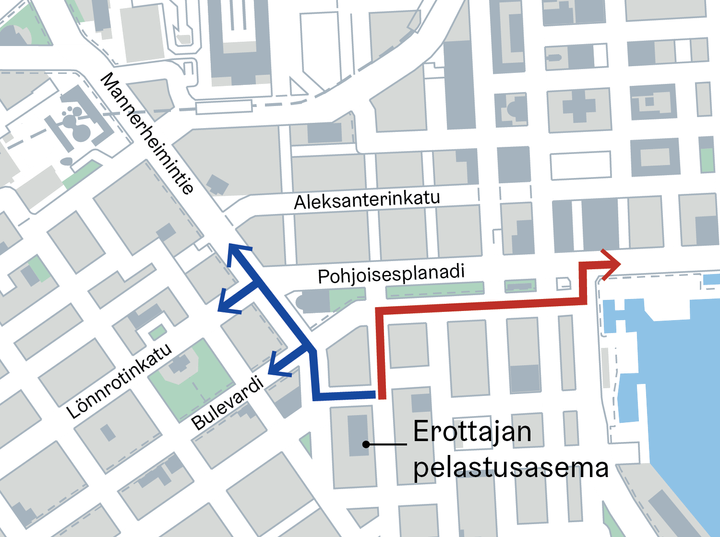 Kartta, jossa on osoitettu reitti, jolla liikennevaloetuus on toteutettu.
