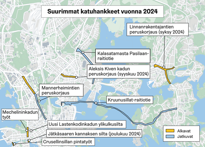 Kartta keskeisimmistä hankkeista.