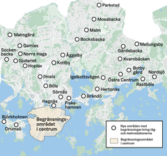 Karta som visar de nya områdena med begränsningar i Helsingfors.