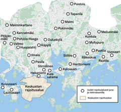 Kartta uusien rajoitusalueiden sijainneista Helsingissä.