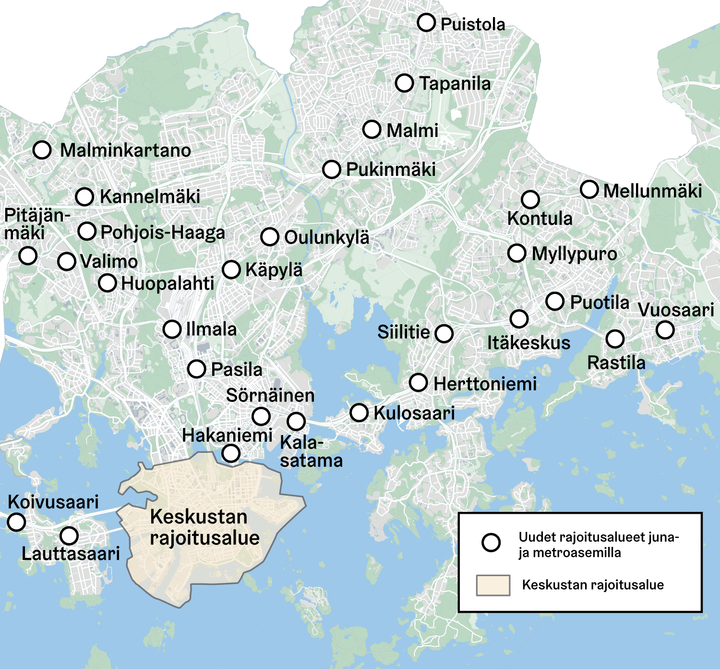 Kartta uusien rajoitusalueiden sijainneista Helsingissä.