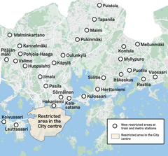 A map of the locations of the new restricted areas in Helsinki. / A parking area in the city centre’s restricted area.