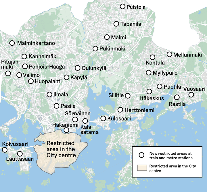 A map of the locations of the new restricted areas in Helsinki. / A parking area in the city centre’s restricted area.