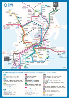 Kesän 2024 raitiolinjojen reittikartta.