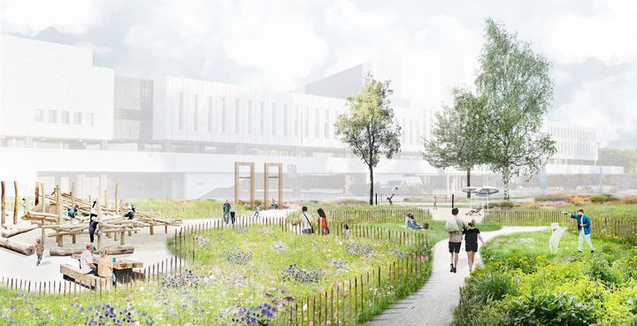 Havainnekuva kesäisestä puistosta ja ihmisiä.