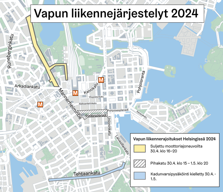 Kartta rajoituksista Helsingin keskustassa vappuna