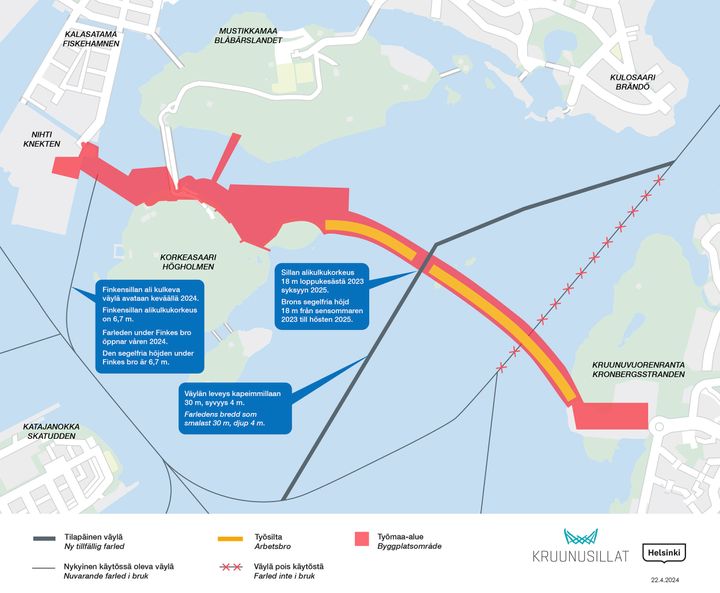 Kartta veneväylistä Kruunusillat-työmaan ympäristössä.