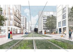 På idébilden syns snabbspårväg och nya bostadskvarter.